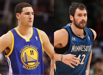 Warriors Won't Trade Thompson as Part of Love Deal - Why do trade talks between the Golden State Warriors and Minnesota Timberwolves for All-Star Kevin Love keep stalling? According to ESPN, the Warriors refuse to include shooting guard Klay Thompson in their package of David Lee, Harrison Barnes, and a first-round draft pick in exchange for Love and Kevin Martin. If Golden State doesn’t relent, it runs the risk of possibly losing Love to the&nbsp;Cleveland Cavaliers, considering he said that he was “intrigued” by the idea of playing alongside LeBron James and that he would commit to Cleveland.&nbsp;(Photos from left: Christian Petersen/Getty Images, Doug Pensinger/Getty Images)&nbsp;