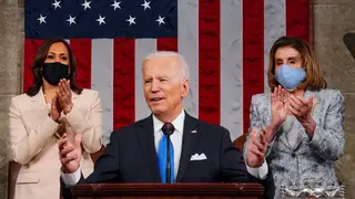 WASHINGTON, DC - APRIL 28: President Joe Biden addresses a joint session of Congress, with Vice President Kamala Harris and House Speaker Nancy Pelosi (D-Calif.) on the dais behind him, on Wednesday, April 28, 2021. Biden spoke to a nation seeking to emerge from twin crises of pandemic and economic slide in his first speech to a joint session of Congress. (Melina Mara/The Washington Post)