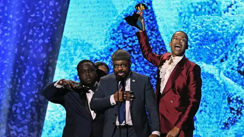 Members of the Tennessee State University Marching Band accept the award for Best Roots Gospel Album during the pre-telecast show of the 65th Annual Grammy Awards at the Crypto.com Arena in Los Angeles on February 5, 2023 