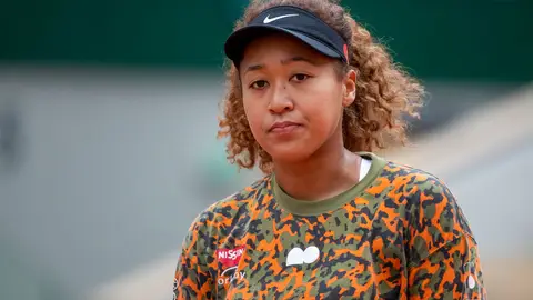 PARIS, FRANCE May 26. Naomi Osaka of Japan during practice on Court Philippe-Chatrier during a practice match against Ashleigh Barty of Australia  in preparation for the 2021 French Open Tennis Tournament at Roland Garros on May 2pm 6th 2021 in Paris, France. (Photo by Tim Clayton/Corbis via Getty Images)