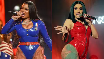 Megan Thee Stallion and Cardi B on BET Buzz 2020.