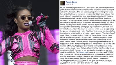 The time she SINCERELY apologized - In June 2016, which is also Gay Pride month, Banks took to her Facebook account to vow she would never use the word “f****t” again and SINCERELY apologized. Maybe there is hope for the addition of more apologies on here. Someday.(Photos from left: WENN, Azealia Banks via Facebook)&nbsp;