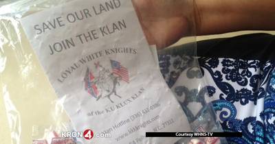Ku Klux Kandyland - The Ku Klux Klan in South Carolina said it with candy in an effort to recruit new members during a July 12 night ride. Robert Jones, who heads the Loyal White Nights, which left candy and flyers at homes in Seneca, S.C., told Fox Carolina that they didn't target specific houses or neighborhoods and that they're not a hate group. &quot;We can't tell who lives in a house, whether they're Black, white, Mexican, gay, we can't tell that,&quot; he said. &quot;And if you were to look at somebody's house like that, that means you'd be pretty much a racist.&quot; Kind of like the outgoing message on the Klan hotline that says, &quot;Always remember: if it ain't white, it ain't right.&quot;   (Photo: KRON 4)