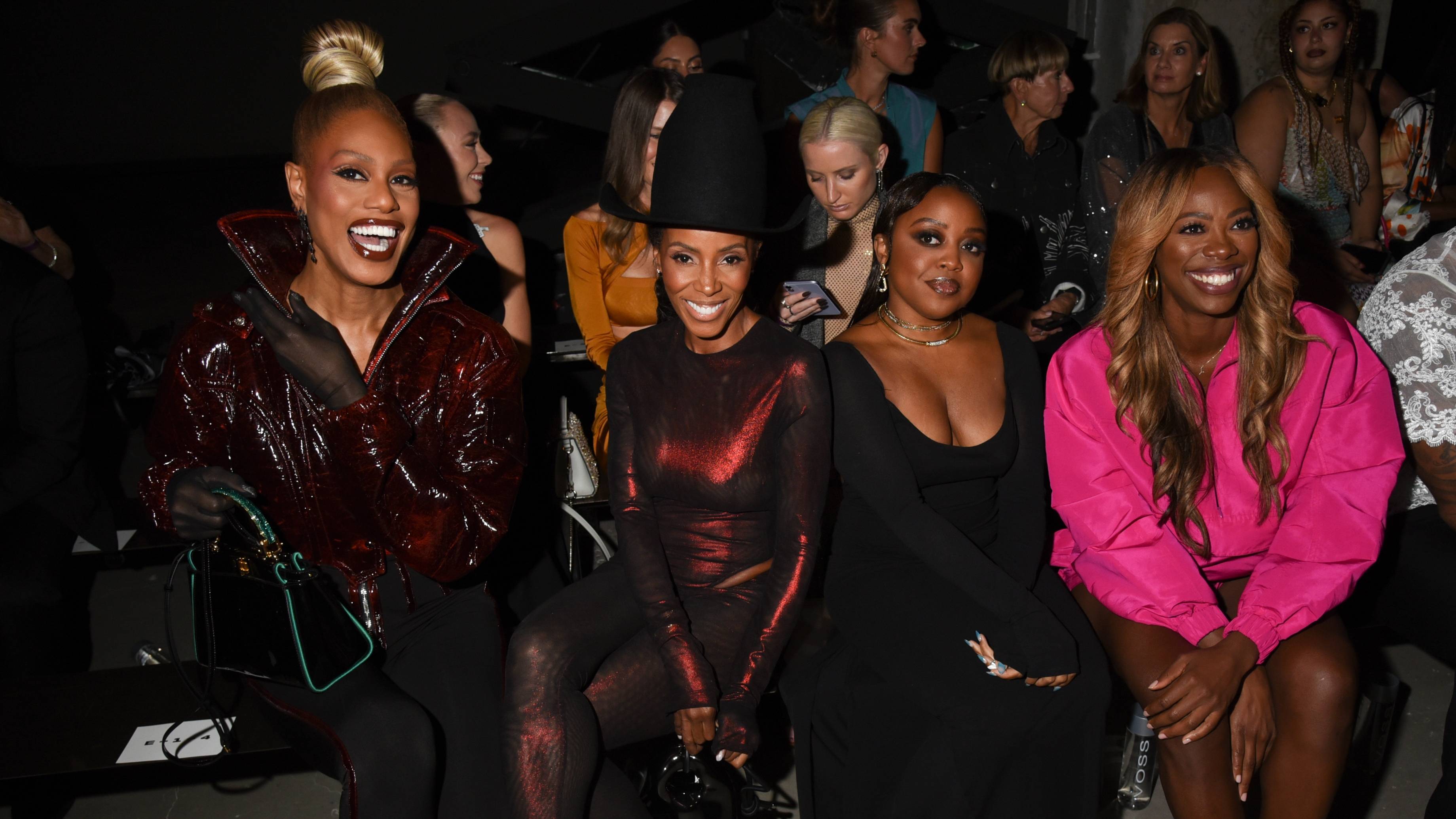 Laverne Cox, June Ambrose, Quinta Brunson, and Yvonne Orji at the LaQuan Smith Spring 2024 Ready To Wear Fashion Show at Skylight at Essex Crossing on September 11, 2023 in New York, New York. 