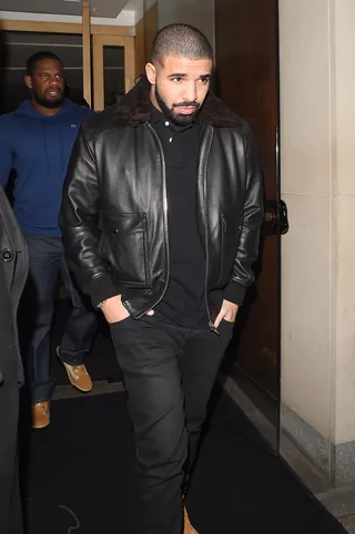 A Night on the Town for Drake and Rihanna? - Drake was spotted leaving Nobu Restaurant in London alone following a previous night of partying with his rumored bae Rihanna.(Photo: Splash News)
