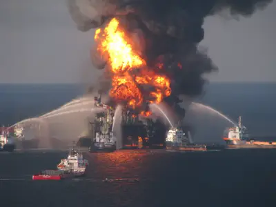 Oil Rig Explosion - On April 20, 2010, the Deepwater Horizon oil rig exploded and caught on fire in the Gulf of Mexico. While most of the workers were able to escape, 11 were never found and are presumed to be dead. \r\r \r(Photo: AP Photo/US Coast Guard, File)
