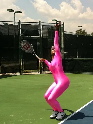 Pink and Powerful - This figure-hugging bodysuit made sure all eyes were on her on the court. Would you have the confidence to pull this look off?  (Photo: Twitter)
