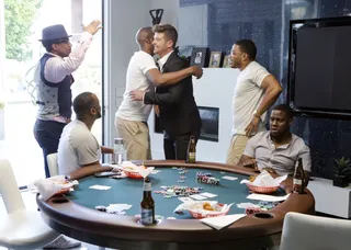 Everyone but Kevin Embraces Robin Thicke - Robin Thicke pulls up to Kevin Hart's poker night with the guys unannounced. Meanwhile Kevin Hart isn't a fan of his.&nbsp;(Photo: Jessica Brooks/BET)&nbsp;