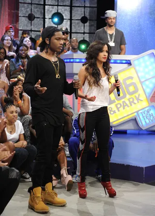 Where At? - Rocsi Diaz reviews the teleprompter with her co-host ASAP Rocky at 106 &amp; Park, August 24, 2012. (photo: John Ricard / BET).
