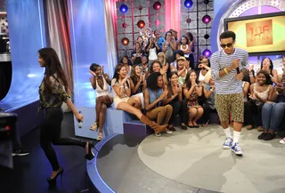 Rosci leaves Bow Wow to host &quot;his&quot; show. - Rocsi Diaz walks off the set to let Bow Wow, known as Mr. 106, host the show without her at 106 &amp; Park, August 22, 2012. (Photo: John Ricard / BET)