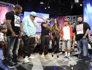 Whoa There - YMCMB members Busta, E-40, Baby, Rocsi Diaz, Bow Wow and DJ Khaled at 106 &amp; Park, August 22, 2012. (Photo: John Ricard / BET)