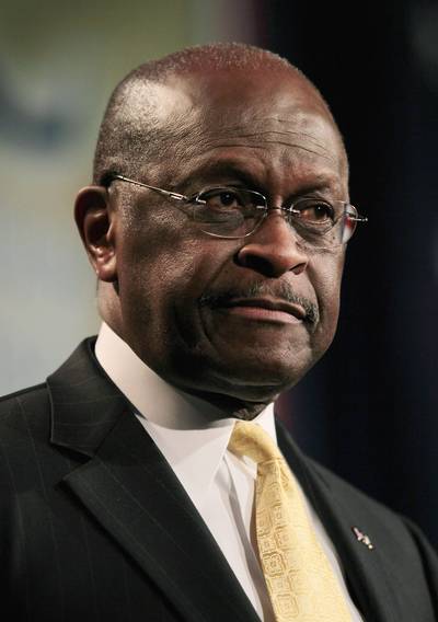 Herman Cain on Mitt Romney - ?I?ve met with [the former Massachusetts governor] privately and now I?m telling everyone publicly, if Mitt Romney wasn?t your favorite candidate for the Republican nomination: Get over it!&quot;&nbsp;(Photo: Scott Olson/Getty Images)