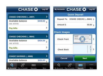 Your Bank's Mobile App - If your bank has a secure mobile app, make use of it. It's great for quick peeks at your account balance and, if they offer it, making payments, transfers and remote deposits with your camera phone.&nbsp;(Photo: Courtesy of Chase)