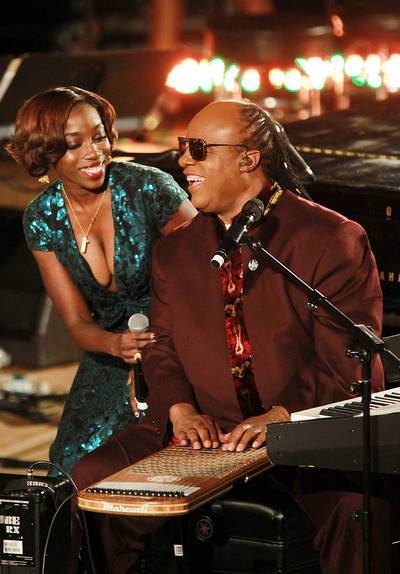 Making Beautiful Music - Estelle joins the legendary Stevie Wonder on stage at the BET 2012 UN Day &quot;A Message of Peace&quot; concert, held at the U.N. Headquarters in New York City.&nbsp;(Photo: HRC/WENN.com)