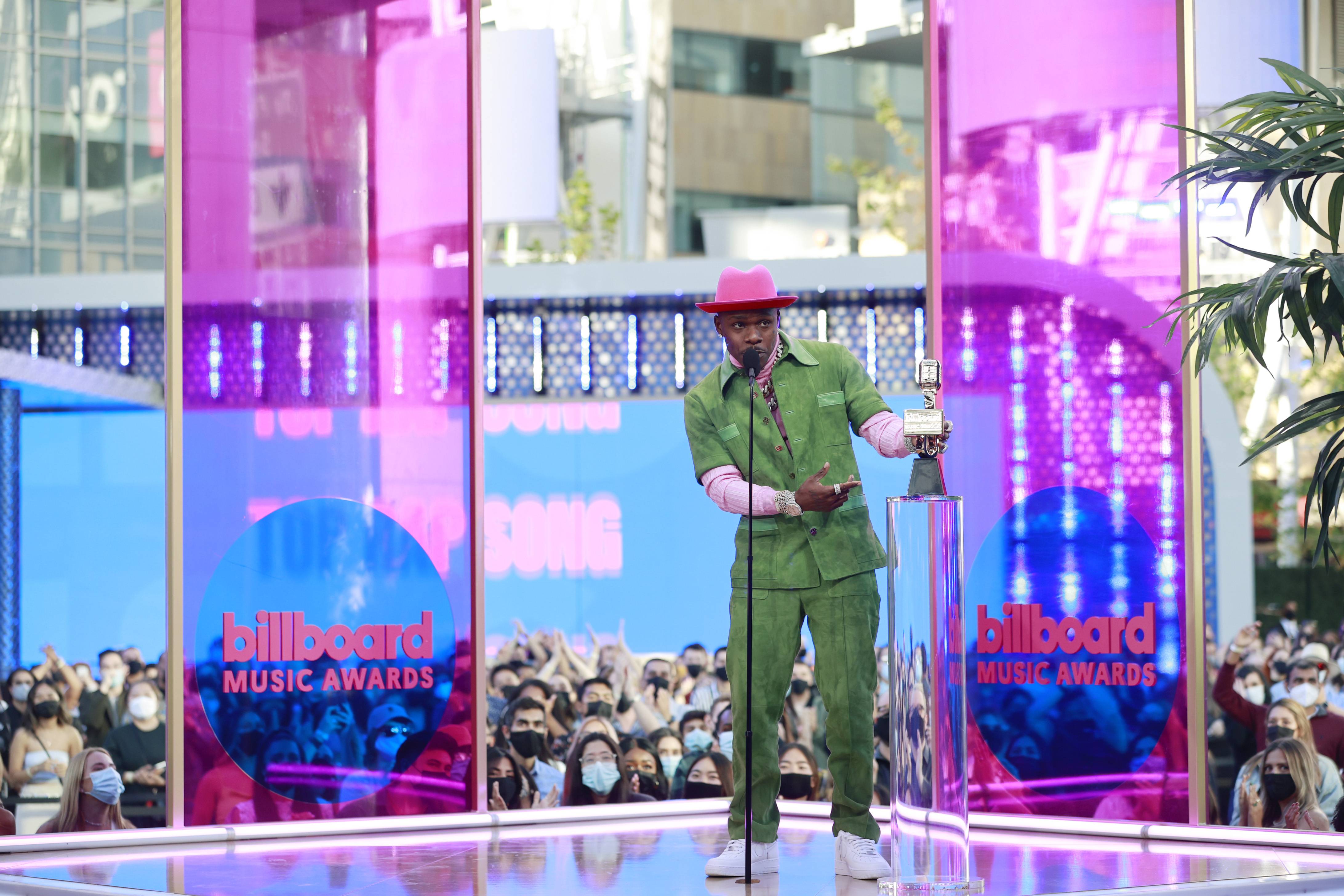 LOS ANGELES, CA - MAY 23:  2021 BILLBOARD MUSIC AWARDS -- Pictured: DaBaby accepts Top Rap Song for âROCKSTARâ onstage during the 2021 Billboard Music Awards held at the Microsoft Theater on May 23, 2021 in Los Angeles, California. --  (Photo by Emma McIntyre/NBC/NBCU Photo Bank via Getty Images)