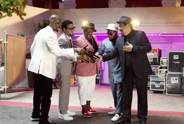 Comedians Eddie Griffin, Charlie Murphy, D.L. Hughley, Cedric the Entertainer, and George Lopez on the set of episode 110 of BET's "The Comedy Get Down".