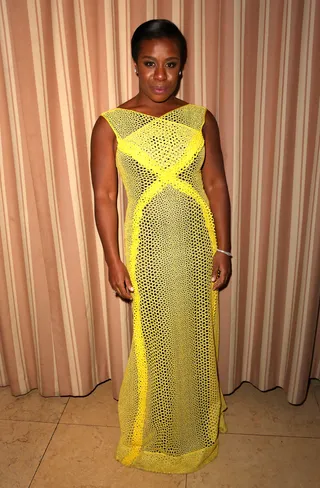 Mellow Yellow - Orange Is the New Black star&nbsp;Uzo Aduba&nbsp;looks gorgeous in this yellow Angel Sanchez gown at the Weinstein Company and&nbsp;Netflix's 2015 SAG After Party in Partnership With Laura Mercier at Sunset Tower in West Hollywood.(Photo: Ari Perilstein/Getty Images for TWC)