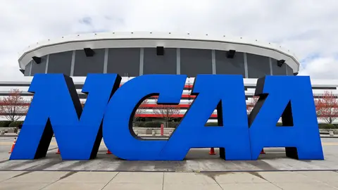 ATLANTA, GA - APRIL 05:  A detail of giant NCAA logo is seen outside of the stadium on the practice day prior to the NCAA Men's Final Four at the Georgia Dome on April 5, 2013 in Atlanta, Georgia.  (Photo by Streeter Lecka/Getty Images)