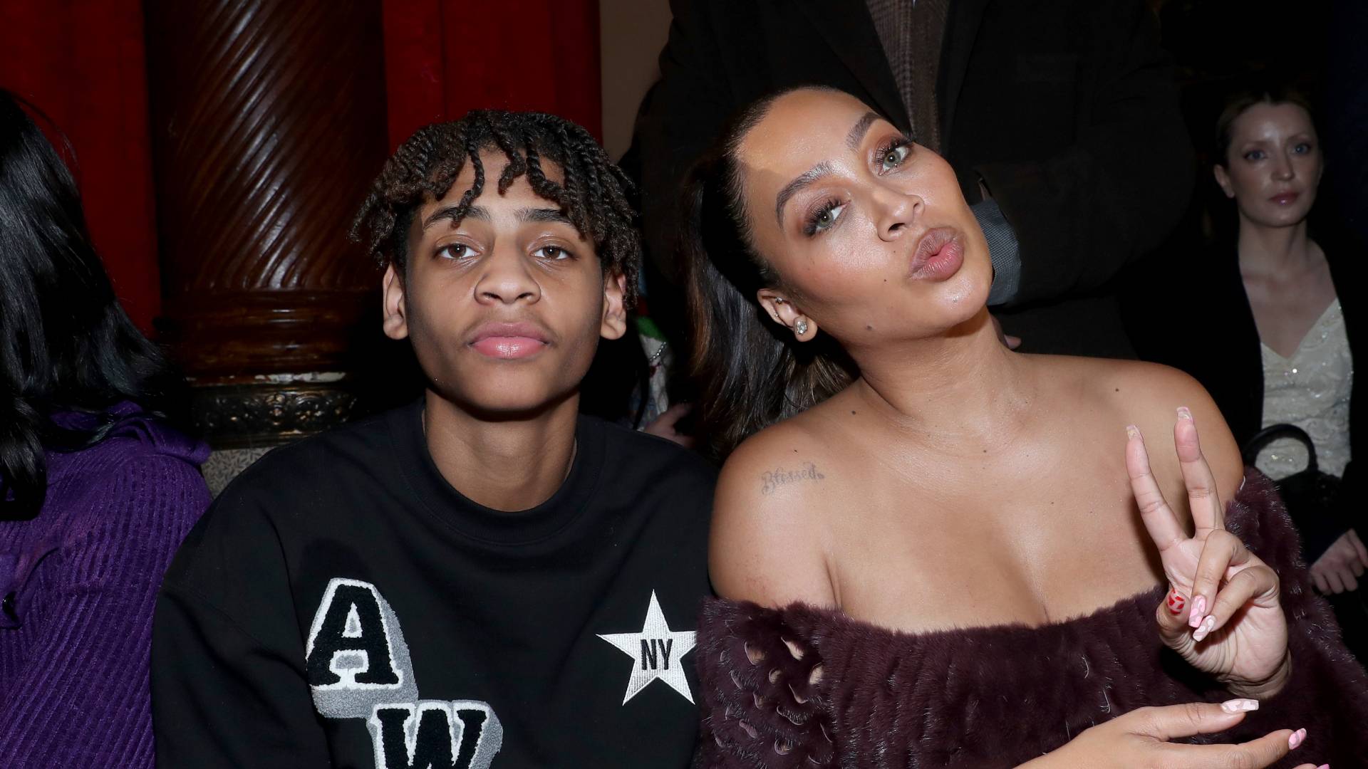  La La Anthony (R) and Kiyan Carmelo Anthony attend the LaQuan Smith Fall/Winter 2022 show during New York Fashion Week on February 14, 2022 in New York City. 