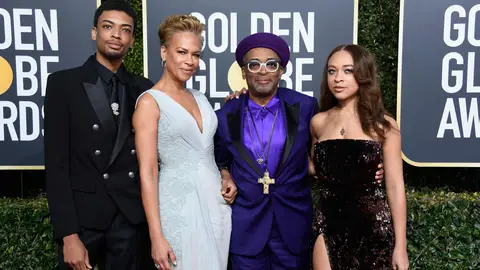 BEVERLY HILLS, CA - JANUARY 06:  76th ANNUAL GOLDEN GLOBE AWARDS -- Pictured: (l-r) Jackson Lee, Tonya Lewis Lee, Spike Lee and Satchel Lee arrive to the 76th Annual Golden Globe Awards held at the Beverly Hilton Hotel on January 6, 2019. --  (Photo by Kevork Djansezian/NBCU Photo Bank/NBCUniversal via Getty Images)