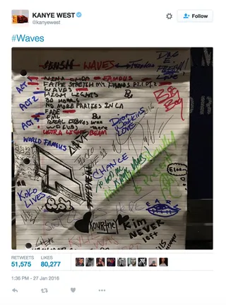 January 2016: The Third (and Final) Tracklist - Kanye posts another photo of the infamous notepad with even more signatures and the final three-act tracklist.(Photo: Kanye West via Twitter)