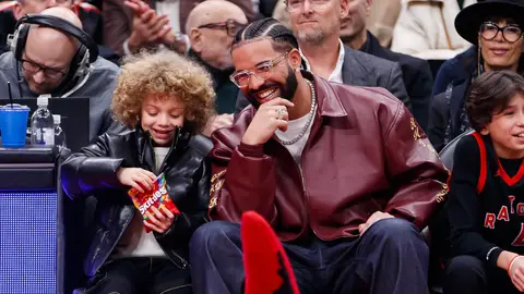 Rapper Drake and his son Adonis Graham at the Los Angeles Lakers at Scotiabank Arena on Dec . 7, 2022, Toronto, Canada.  
