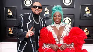 LAS VEGAS, NEVADA - APRIL 03: (L-R) Sean Paul and Spice attend the 64th Annual GRAMMY Awards at MGM Grand Garden Arena on April 03, 2022 in Las Vegas, Nevada.  