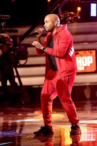 Rain's Reign - Battle emcee, Rain 910 steps out in all red, to signify that he's gonna crucify all competition. (Photo: Paras Griffin/BET/Getty Images for BET Networks)