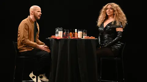 SATURDAY NIGHT LIVE -- "Maya Rudolph" Episode 1800 -- Pictured: (l-r) Mikey Day as Sean Evans and host Maya Rudolph as BeyoncÃ© during the "Hot Ones" sketch on Saturday, March 27, 2021 -- (Photo By: Will Heath/NBC/NBCU Photo Bank via Getty Images)