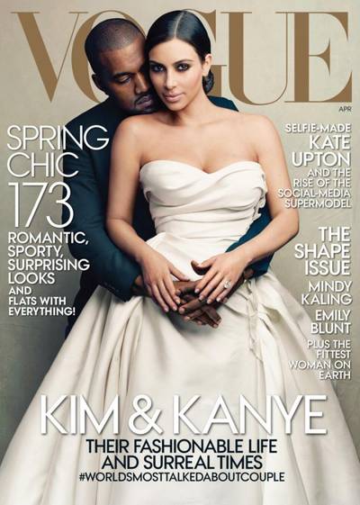 Vogue Nation - In April 2014, a month before their wedding, Kimye scored the ultimate gift from Vogue editor Anna Wintour when she put the pair on the cover of the fashion bible. Declared the #WorldsMostTalkedAboutCouple, Kim and Kanye looked radiant in designer wedding duds for the beautiful photo spread. Even baby North made an appearance!  (Photo: Vogue, April 2014)