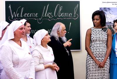 Dateline: Moscow, July 7, 2009 - Obama visits the St. Dimitry nurse training college in Moscow. (Photo: Epsilon/Getty Images)