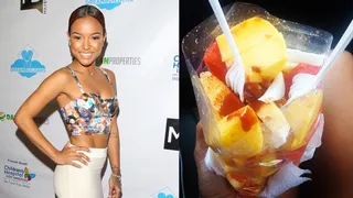Karrueche Tran  - This model’s healthy go-to? A huge serving of fresh mango and watermelon sprinkled with spices.  (Photos from left: RA PacificCoastNews, Karrueche Tran via Instagram)
