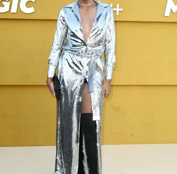 EJ Johnson knows how - Image 1 from EJ Johnson Wears A Metallic Maxi Dress  To Make A Fashionable Entrance At The 'They Call Me Magic' Premiere!