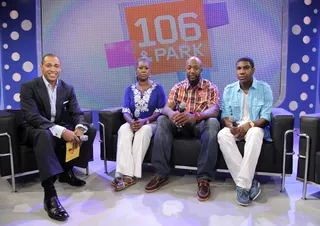 Speak Out\r&nbsp; - TJ Holmes talks with Trayvon Martin's family, Sybrina Fulton, Tracy Martin and Jahvaris Fulton, at 106 &amp; Park, April 16, 2012. (Photo: John Ricard / BET)