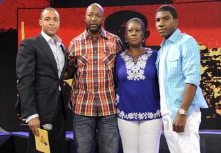 We Stand\r&nbsp; - Trayvon's family, Sybrina Fulton, Tracy Martin and Jahvaris Fulton with TJ Holmes at 106 &amp; Park, April 16, 2012. (Photo: John Ricard / BET)