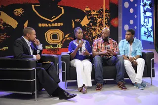 We Stand for Justice\r&nbsp; - The family of Trayvon Martin, Sybrina Fulton, Tracy Martin and Jahvaris Fulton, at 106 &amp; Park, April 16, 2012. (Photo: John Ricard / BET)