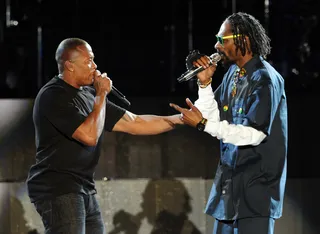 Nothing but a G Thang  - Dr. Dre ended his historic closing set with Snoop Dogg, performing "What's My Name?" and "Still D.R.E.," before thanking the audience for supporting them throughout the years.(Photo: Kevin Winter/Getty Images)