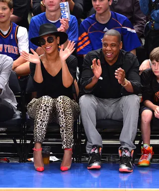 The Good Life - Beyoncé and Jay-Z share a laugh as the New York Knicks take on the Miami Heat at Madison Square Garden in New York City. The new parents have been quite public lately with their outings and shows of affection and we love it! #Jayoncé   (Photo: James Devaney/WireImage)