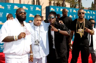 Rapper Rick Ross, DJ Khaled and Flo Rida - Florida's finest hit the West Coast in contrasting colors. (Photo: Frazer Harrison/Getty Images)
