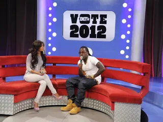 You Must Vote - Ace Hood and Rocsi Diaz explain the importance of voting this coming November at 106 &amp; Park, April 13, 2012.&nbsp; (Photo: John Ricard/BET)