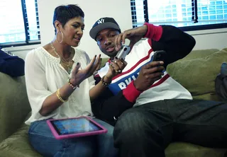 Get Ready - Terri Vaughn and Jamie Hector in the green room at 106 &amp; Park, April 12, 2012. (Photo: John Ricard / BET)