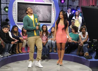 LOL - Pooch Hall clowns around during commercial break at 106 &amp; Park, April 12, 2012. (Photo: John Ricard / BET)