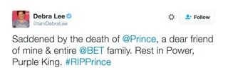 Debra Lee - The entire BET family will miss and honor Prince forever.(Photo: Debra Lee via Twitter)