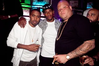 Party Like a Rock Star - Nas holds court at the Hennessy V.S party at new NYC hot-spot SL. The rapper is joined by NY Giants star Victor Cruz and music exec Sean Pecas.&nbsp;(Photo: Stephanie Meiling)