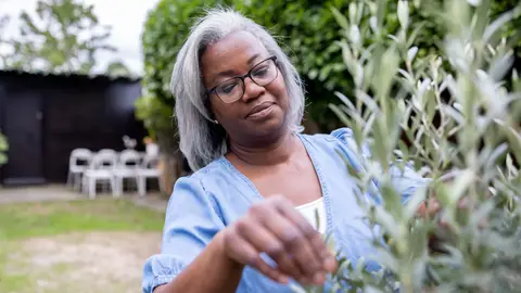 Black mature woman in the garden. 