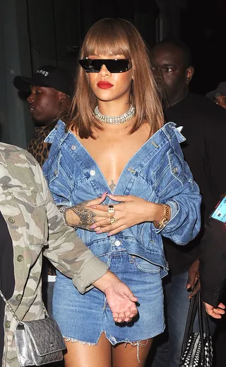 Denim Everything - Rihanna&nbsp;enjoyed a night out at Tape nightclub in London rocking her own Dior sunglasses.&nbsp;(Photo: Will Alexander/WENN.com)
