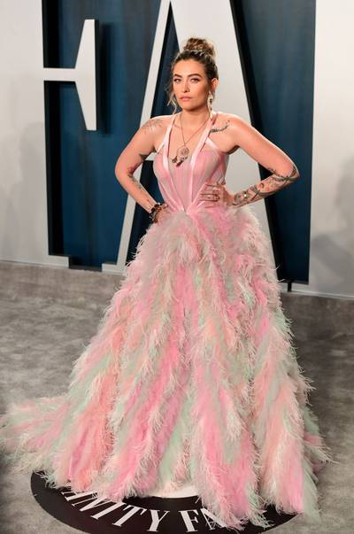 Paris Jackson - Paris Jackson looks stunning in a feathery Versace gown.(Photo by Ian West/PA Images via Getty Images) (Photo by Ian West/PA Images via Getty Images)