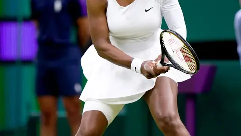 Serena Williams in action during her first round ladies' singles match against Aliaksandra Sasnovich on centre court on day two of Wimbledon at The All England Lawn Tennis and Croquet Club, Wimbledon. Picture date: Tuesday June 29, 2021. (Photo by Adam Davy/PA Images via Getty Images)