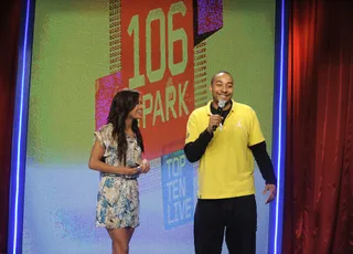 Hey Mom - Rocsi Diaz asks audience member why his mother is the best at 106 &amp; Park, May 11, 2012. (Photo: John Ricard / BET)