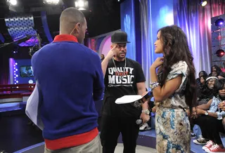 Follow Me - DJ Drama talks with Terrence J and Rocsi Diaz during commercial break at 106 &amp; Park, May 11, 2012. (Photo: John Ricard / BET)